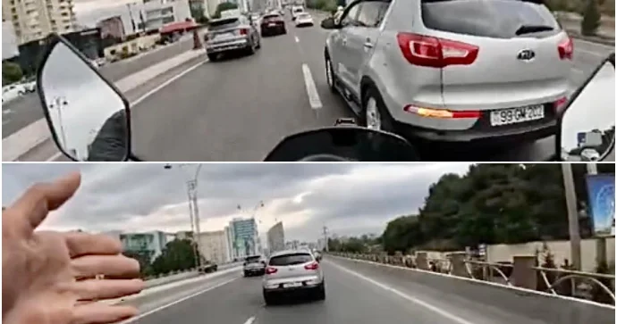 Prospektdə motosiklet sürücüsünü sıxışdırıb özündən çıxardılar: “..bir deyil, iki deyil” VİDEO