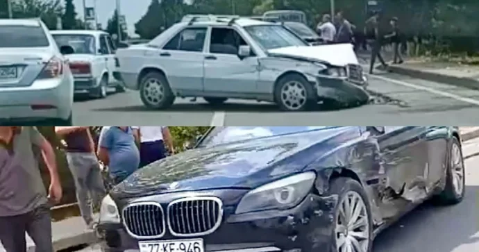Sabirabadda qəza: “Mercedes” “BMW”yə çırpıldı, sürücüsü.. VİDEO