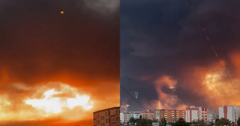Ukrayna şəhərinin səması bombardmandan sonra cəhənnəmi xatırlatdı