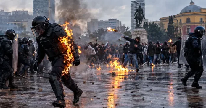 В Албании полицейский вспыхнул после атаки коктейлем Молотова Minval Politika