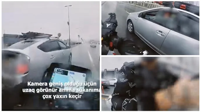 Prius motosikleti sıxışdırdı Çək qırağa, məni öldürmək istəyirsən VİDEO