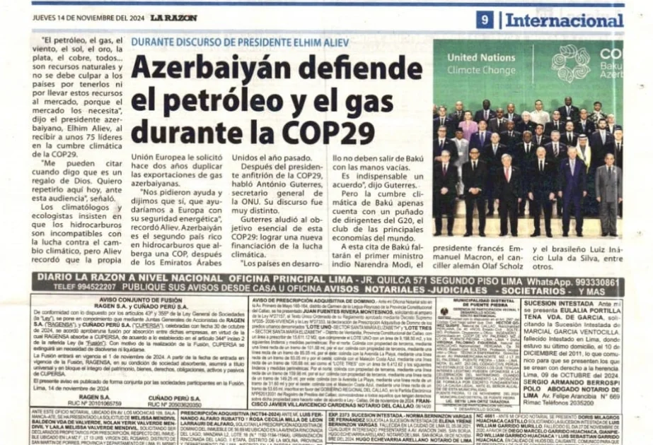 Peru mətbuatı Azərbaycanda keçirilən COP29dan yazır AZƏRTAC