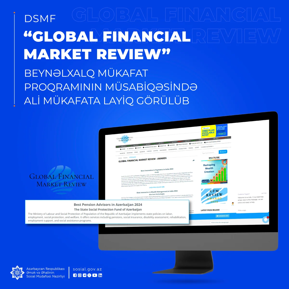 DSMF “Global Financial Market Review” beynəlxalq mükafat proqramının müsabiqəsində ali mükafata layiq görülüb