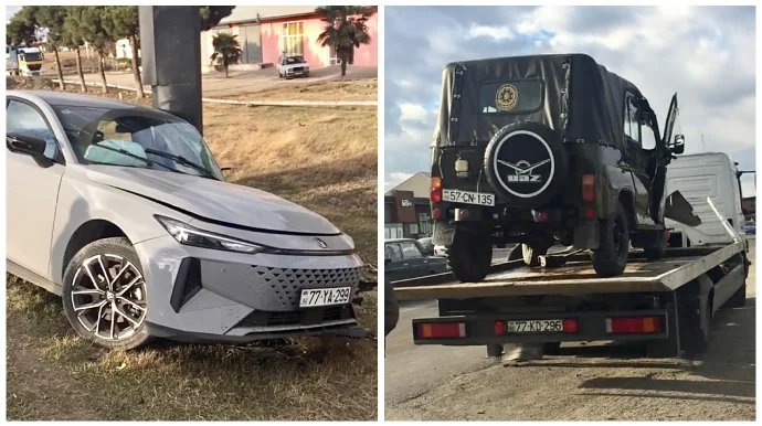 Şəmkirdə “UAZ”la toqquşan “Changan” ardınca dirəyə çırpıldı VİDEO