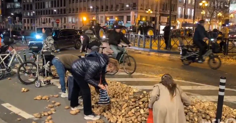 Aksiyadan sonra yola tökülən kartofu yığdılar Video