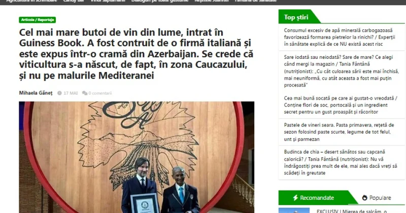 Rumıniyanın xəbər portalı Azərbaycanın şərabçılıq ənənələri barədə məqalə yayıb