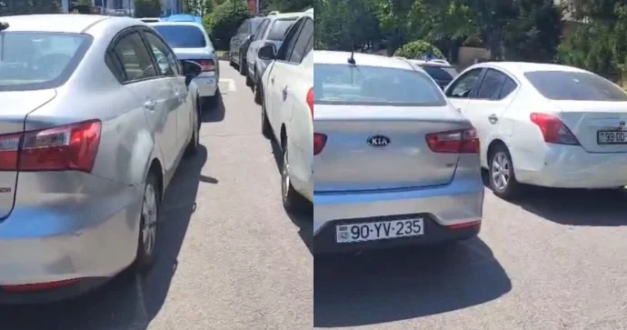 Məktəbin qarşısında 2 ci zolaqda saxlayan maşınlar xanım sürücüyə mane oldu VİDEO