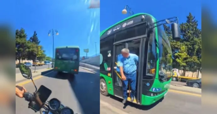 İnsanların həyatını təhlükəyə atan avtobus sürücüsü: Yolu kəsib qapıları açdı... VİDEO
