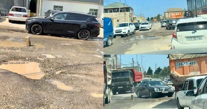 Hökməli Qobu yolundakı çuxurlar daşla nişanlanıb, sürücülər yolun kənarına çıxır VİDEO