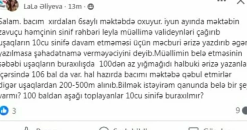 6 nömrəli məktəbdə özbaşınalıq: “Valideynləri məcburi ərizə yazmağa...”
