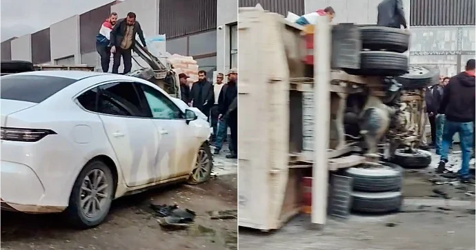Binəqədidə “BYD” sürücüsü yük maşınını vurub aşırdı VİDEO