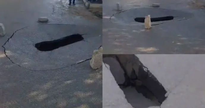 Qobuda məktəbin yanında yol çöküb; qurumlardan səs soraq yoxdur VİDEO