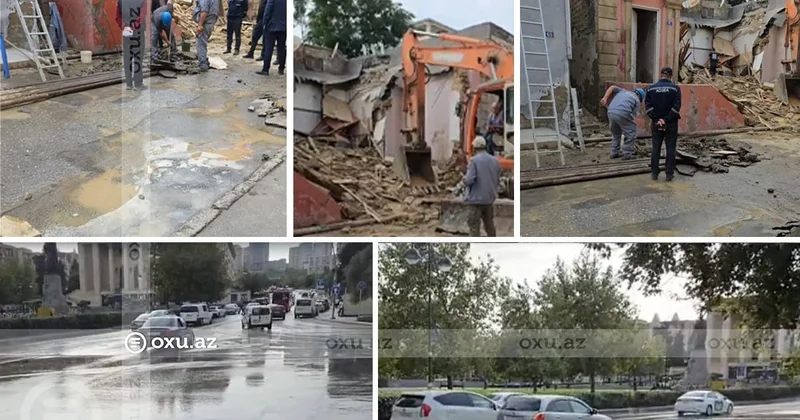Bakıda söküntü zamanı su borusu partladı VİDEO
