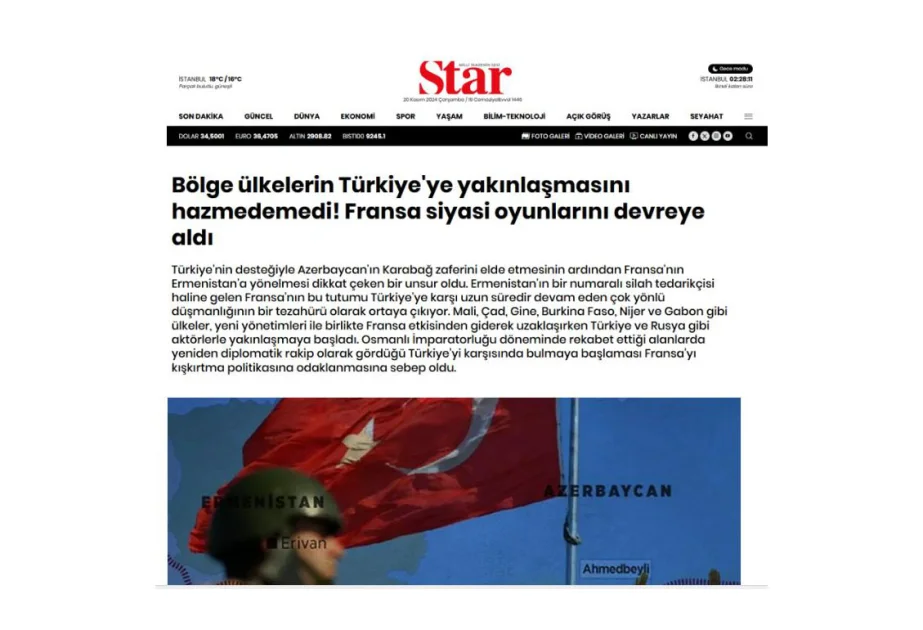 “Star” qəzeti: Fransa Cənubi Qafqazda Türkiyə və Britaniyanın maraqlarına zərər verməyə çalışır AZƏRTAC