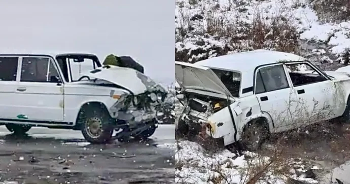 Qarlı havada iki “VAZ” toqquşdu, biri dərəyə düşdü VİDEO
