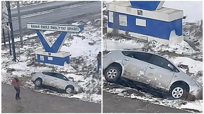 Buzlu yolda döngəyə sərt girən sürücü “Prius”u aşırdı FOTO