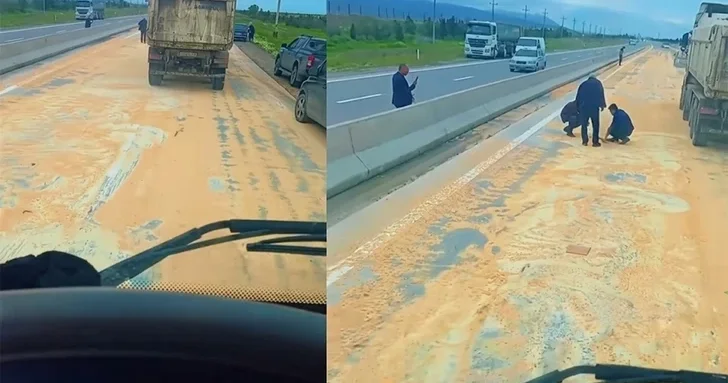 На трассе Баку Губа кукуруза рассыпалась на дорогу