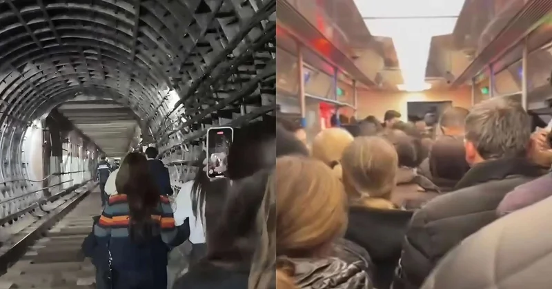 Sərnişinlər metro tunelindən belə təxliyə olundu VİDEO