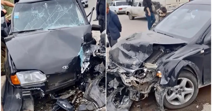 Şirvanda toqquşan maşınlar tanınmaz hala düşdü, xəsarət alanlar var VİDEO