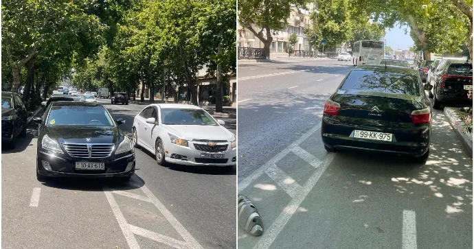 Velosiped zolağını parkinqlə səhv salan sürücülər 10 AX 619 və 99 KK 975 FOTO