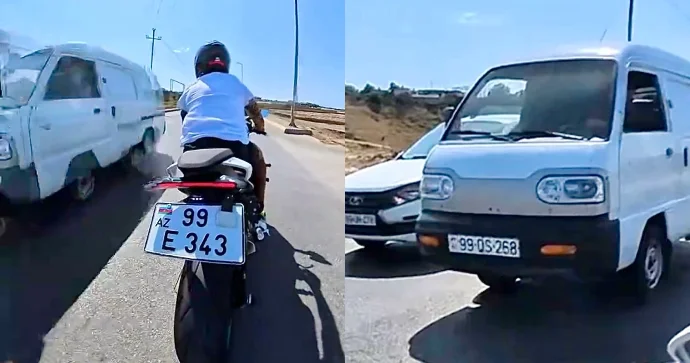 Əks yolla gələn sürücü az qala motosikletçini vuracaqdı VİDEO