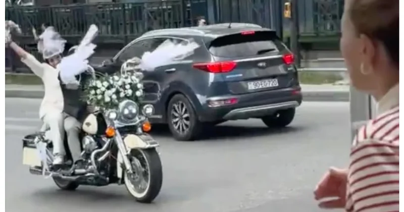Bakıda bəy və gəlin toya motosikletlə getdilər (Video)