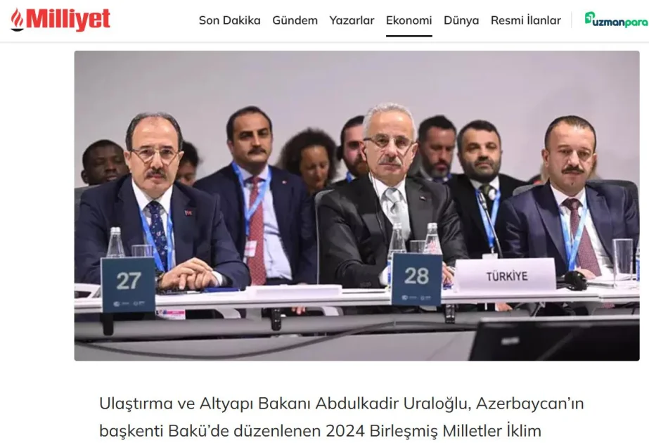 “Milliyet”: COP29da Türkiyənin nəqliyyatda istixana qazları emissiyalarının sıfırlanması hədəfləri açıqlanıb AZƏRTAC