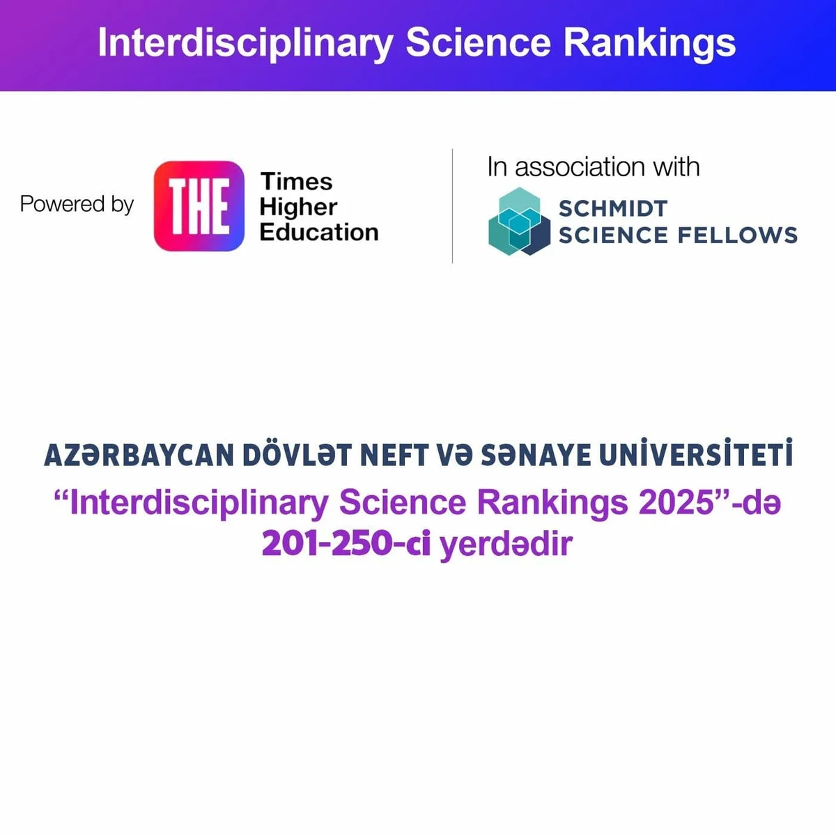 ADNSU “İnterdisiplinar Elm Reytinqi 2025”də 201250ci mövqedə qərarlaşıb