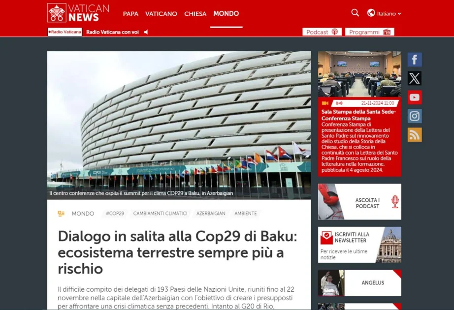 “Vatican News”: COP29da misli görünməmiş iqlim böhranı ilə mübarizə yolları axtarılır AZƏRTAC