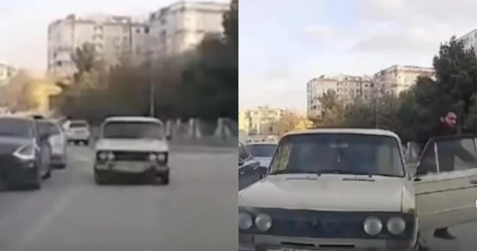 Əks istiqamətdə hərəkət edən küsəyən “VAZ” sürücü maşını yolun ortasında atıb getdi VİDEO