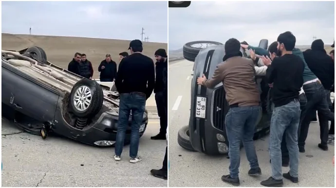 Bakı Şamaxı yolunda qəza: “Mitsubishi” maneəyə çırpılıb aşdı VİDEO