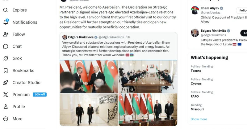 Президент Ильхам Алиев поделился публикацией в связи с визитом Президента Латвии в нашу страну