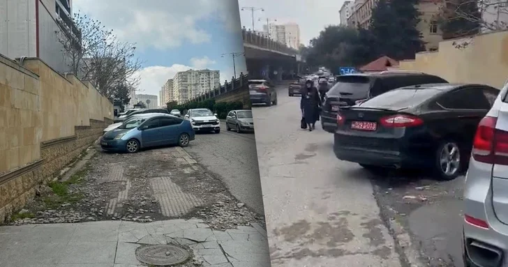 В Баку автомобили оккупировали тротуар пешеходы вынуждены рисковать