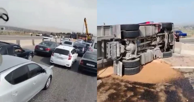 Hacıqabulda TIR aşdı, taxıl yola dağıldı VİDEO