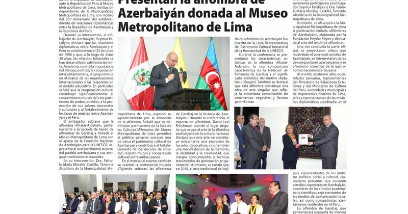 Perunun mətbuatında Qarabağ xalçası və Azərbaycan Peru dostluğundan bəhs olunub