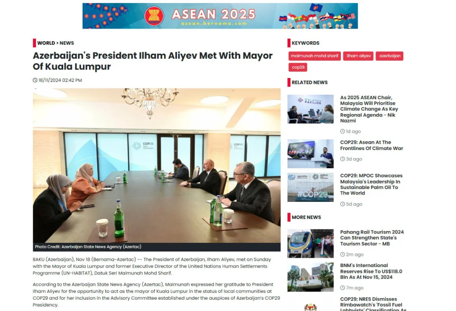 COP29 Malayziya mətbuatında AZƏRTAC