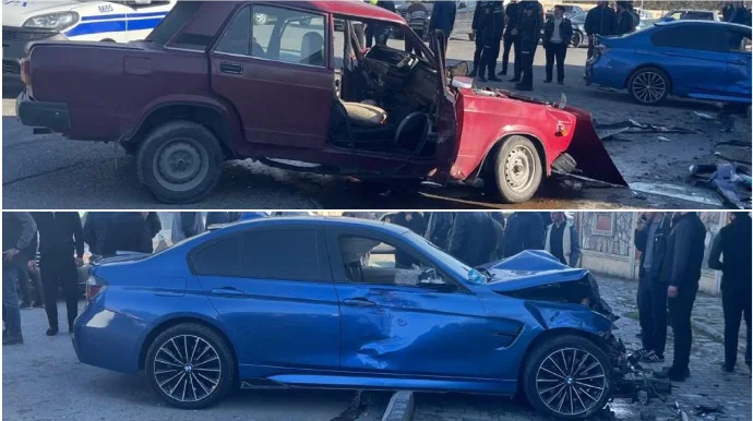 “VAZ”la toqquşan “BMW” səkidə çıxdı, 3 nəfər xəsarət aldı FOTO