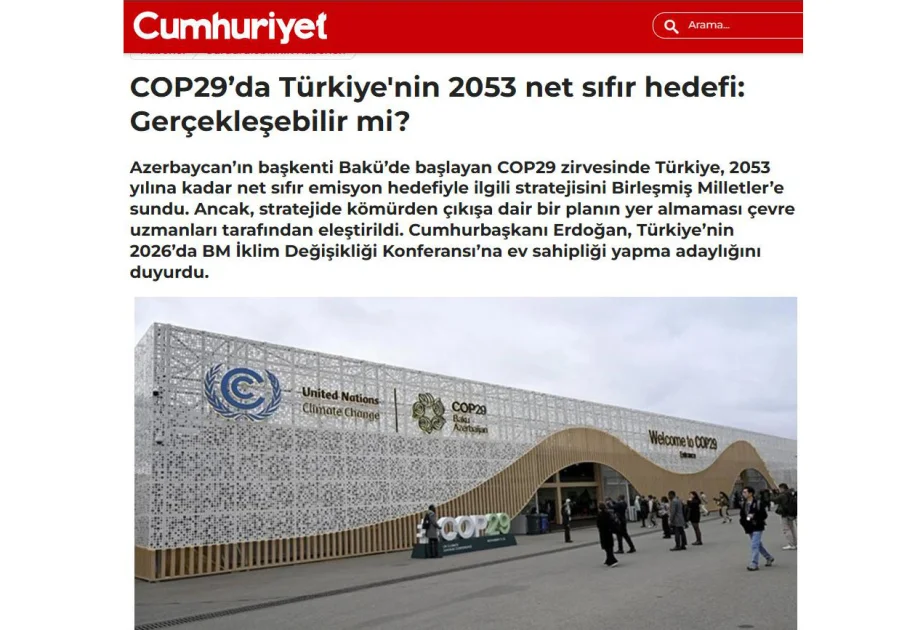 “Cumhuriyet”: COP29 qlobal ekoloji gündəmdə Türkiyənin mövqeyinin gücləndirilməsi istiqamətində mühüm addımdır AZƏRTAC