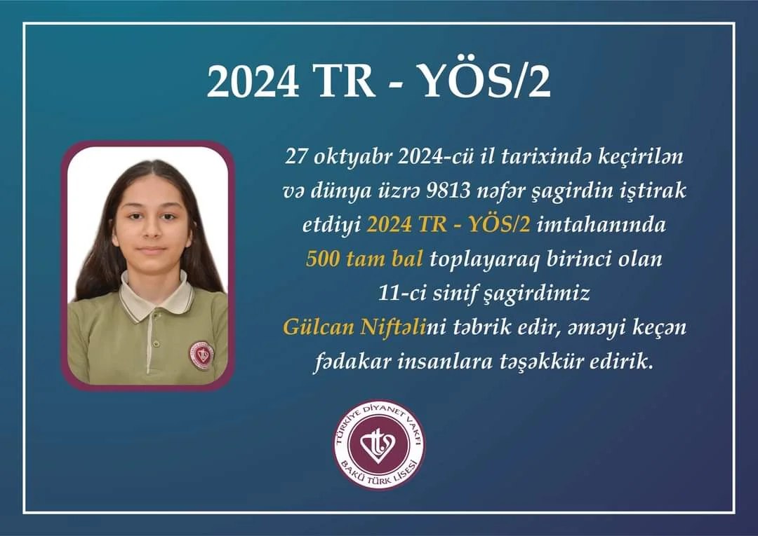 2024 TR YÖS/2 imtanında maksimum balı yığan yeganə şəxs azərbaycanlı şagird olub