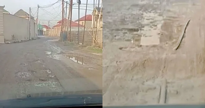 Coratda yol çökür: Asfaltın altındakı su boruları üzə çıxıb ŞİKAYƏT VİDEO