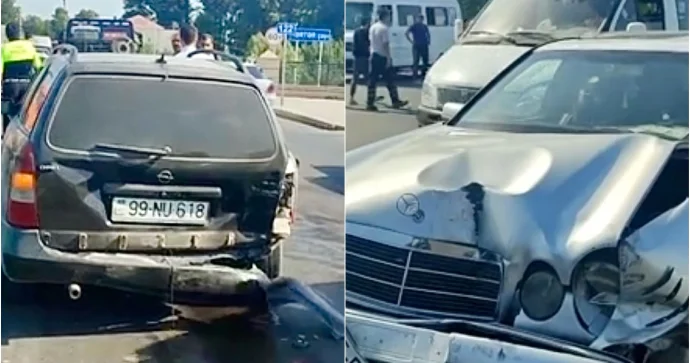 Düzgün ara məsafəsi saxlamayan sürücü qəza törətdi; yaralı var VİDEO
