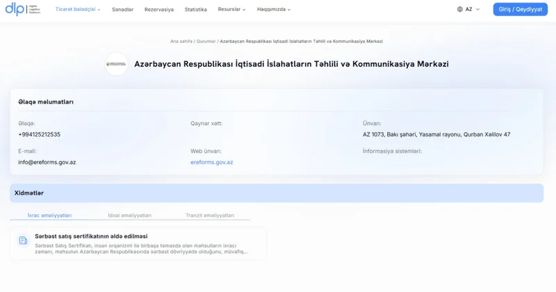 “Azexport” portalının təqdim etdiyi “Sərbəst satış sertifikatı” “Rəqəmsal logistika platforması”na inteqrasiya olunub