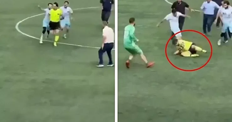 Futbolçular hakimi yerə yıxıb vəhşicəsinə döydülər VİDEO