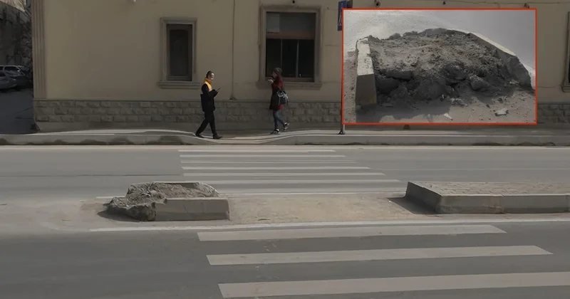 Sürücülər üçün təhlükə törədən səki Nə işıq, nə yol nişanı var