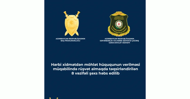 Hərbi xidmətdən möhlət hüququnun verilməsi müqabilində rüşvət almaqda təqsirləndirilən 8 vəzifəli şəxs həbs edilib