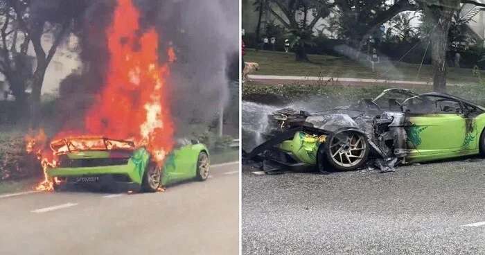Milyonluq "Lamborgini" yolda yanıb kül oldu Foto