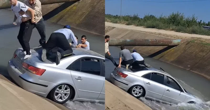 Авто вылетело в канал на трассе Худат Баку, семью спасли в последний момент ФОТО/ВИДЕО
