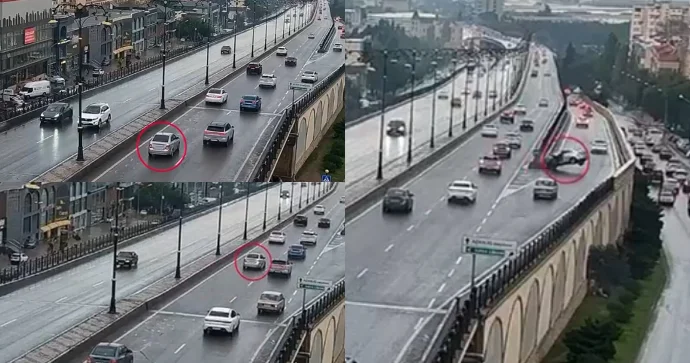 Ən sol zolaqdan sağa manevr edən sürücü ağır qəzaya düşdü FOTO VİDEO