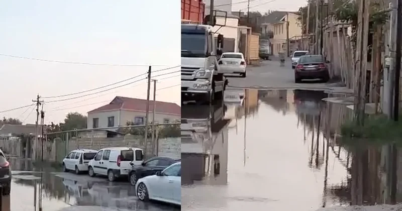 Zabratda su borusu partladı, küçəni su basdı VİDEO