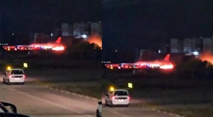 Antalya hava limanında qorxu dolu anlar təyyarə alovlandı FOTO